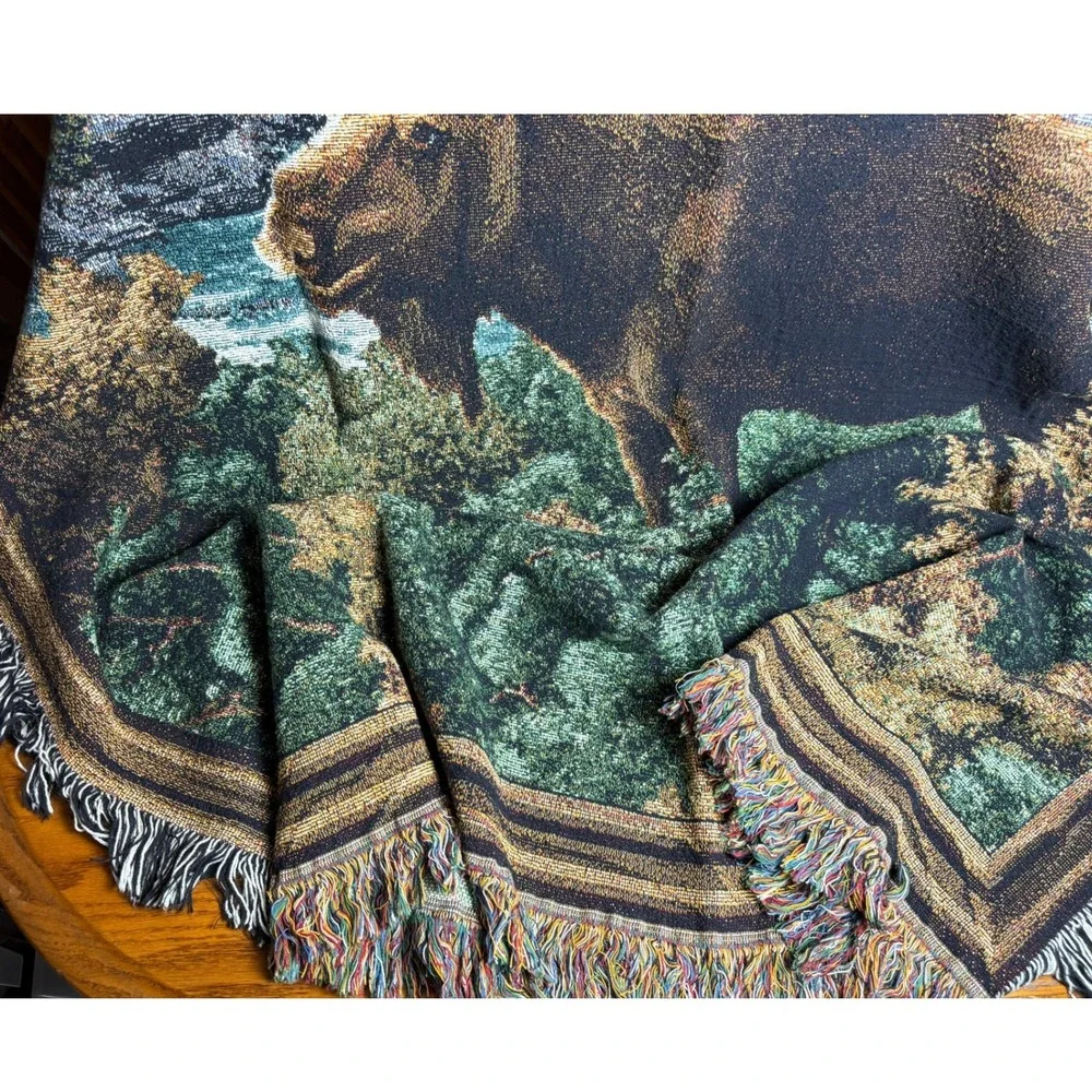Vintage Woven Tapestry Throw Blanket-Moose, Cabin Lodge Decor, Fringed Edge